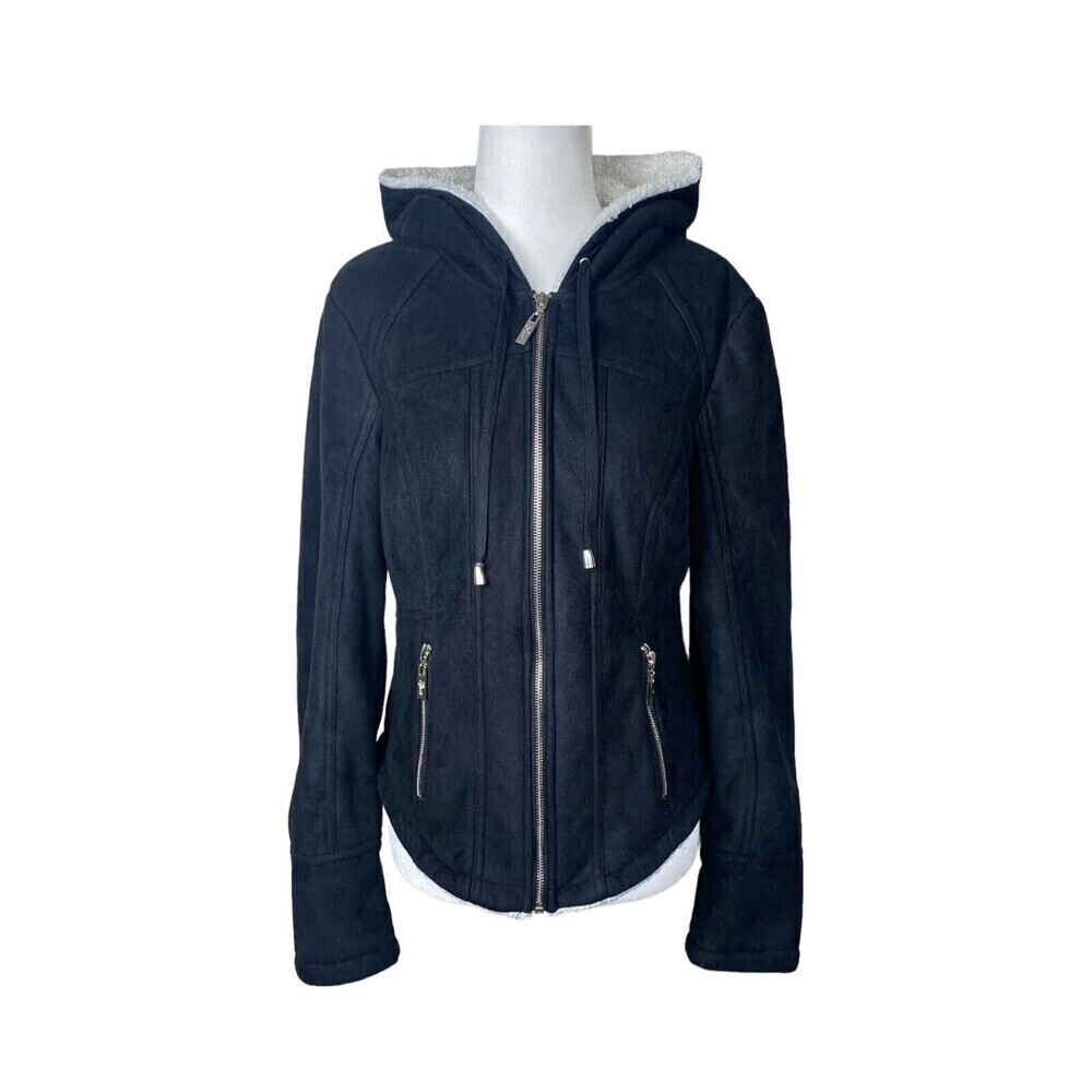 Guess Lenzie Jacket Womens Medium Black Faux Suede Hooded Full Zip Pockets